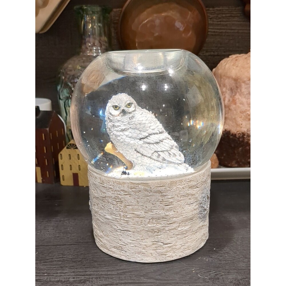 PartyLite Snowy Owl Snowglobe Tealight Holder Nature's Wonder Moving Snow NIB